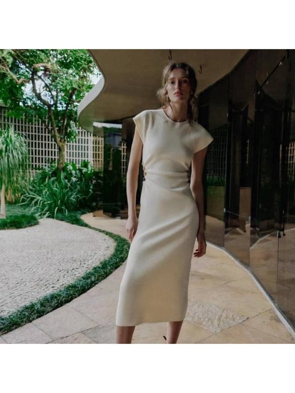 Zara Midi Dress Cream Cut Out Bead Detail Side Waist Women Medium 9874/011 NWT